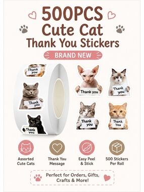 3 bunfles for $25 Cat Thank You Stickers Roll 500pcs